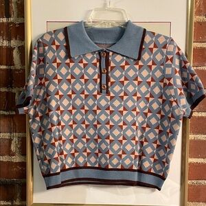 Geometric Knit Polo Top in Light Blue and Rust